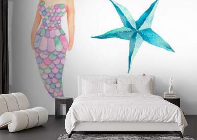 Watercolor mermaid in cartoon style. Hand drawn elements: shell, sea stars. Girly artwork set Wall mural