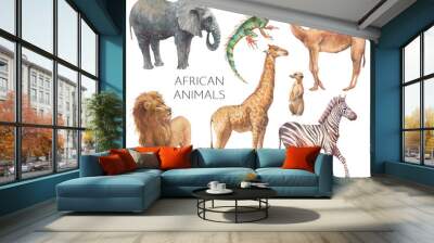 Watercolor safari animals illustration. Hand drawn set of animals isolated on white background. African fauna: lion, elephant, camel, giraffe, zebra, iguana Wall mural