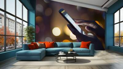 Woman using her mobile phone , night light background Wall mural