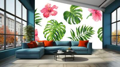 realistic tropical botanical foliage plants. set of tropical leaves and flowers: green palm neanta,  Wall mural