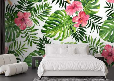 Seamless pattern with monstera and palm leaves on white background.Tropical camouflage print. Wall mural