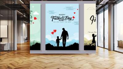 Happy Father's Day with dad and children silhouettes. Vector greeting card with a nice message of Father's Day. 
 Wall mural