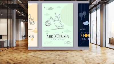 Set of Mid-Autumn Festival card designs with the full moon, rabbits, and Asian patterns. Vector illustration. Mid-Autumn Festival. Wall mural