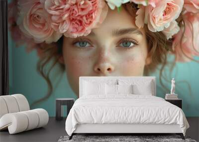 a girl wearing a flower crown on hear head against a plain background. model cure girl Wall mural