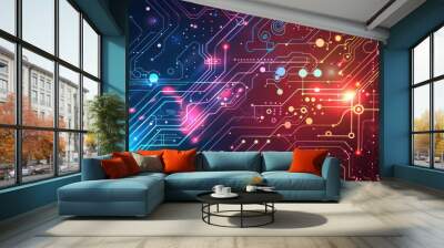 A colorful glowing of a digital circuit board with many small dots Wall mural