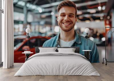 A man is smiling and holding a new car key in a car dealership. Wall mural