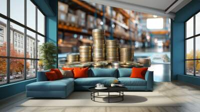 A stack of gold and silver coins and bills on a table. Wall mural