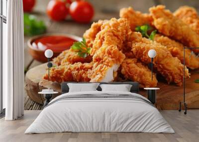 Crunchy golden breaded chicken fingers strips on the table Wall mural