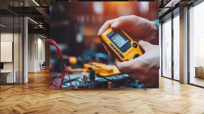 Electrician using a digital multimeter for electrical testing and repair Wall mural