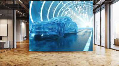 Futuristic modern blue electric car rides through bright blue neon tunnel highway. Generate AI Wall mural