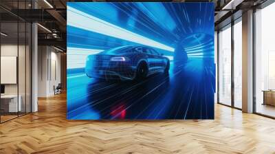 Futuristic modern blue electric car rides through bright blue neon tunnel highway. Generate AI Wall mural