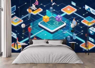 Illustration isometric blocks graphic technology connection for global business concept.Generated AI Wall mural