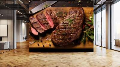 Medium Beef Rib Eye steak slices, spices and salt on wooden board with fork and knife. Generate AI Wall mural