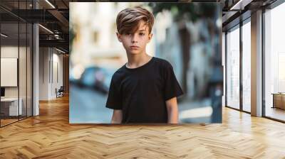 Portrait cute young boy wearing black t shirt posing on street outdoor in daylight shot. Generate AI Wall mural