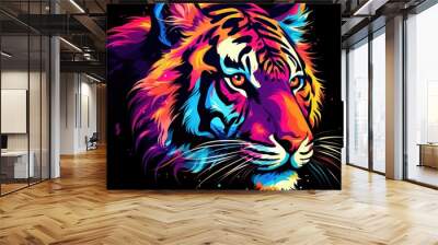 Tiger animal wildlife, rainbow vibrant colorsplash, watercolor style dark background. Generate AI Wall mural