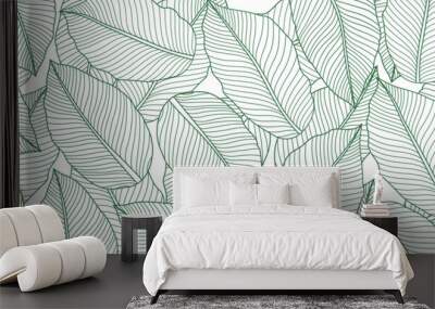 Tropical leaf wallpaper, luxury botanical nature leaf design, vector background with green banana leaf lines. Hand drawn, suitable for fabric design, print, cover, banner and invitations. Wall mural