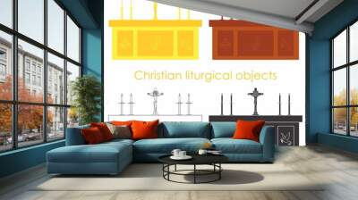 Christian liturgical objects on table. Black fill. Outline only. Wall mural