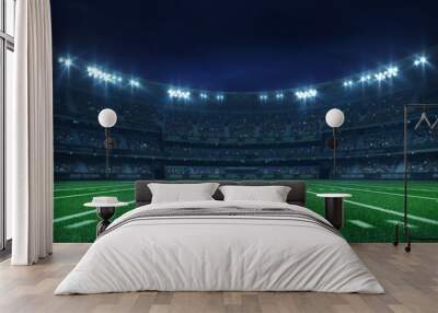 American football league stadium with white lines and fans, illuminated field side view at night, sport building 3D professional background illustration Wall mural