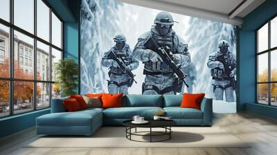 Armed unit of special forces on their winter mission walks in snowy woods.. Postproducted generative AI illustration. Wall mural