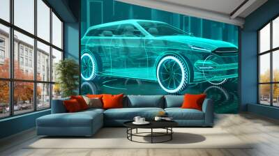 Augmented reality of wireframe car concept on the road and futuristic city on the background. SUV car in front side view. Professional 3d rendering of own designed generic non existing car model. Wall mural