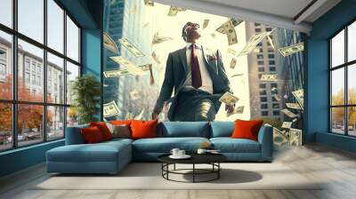 Businessman walking through falling money on the street. Postproducted generative AI illustration. Wall mural