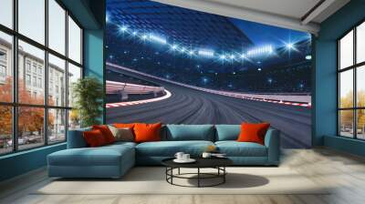 Curved asphalt racing track and illuminated race sport stadium at night. Professional digital 3d illustration of racing sports.	 Wall mural