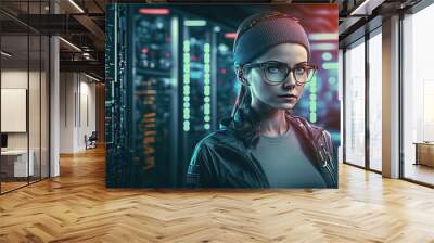 Female IT Specialist working at futuristic data center. Postproducted generative AI digital illustration with non existing person. Wall mural