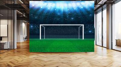 Football stadium penalty spot view with empty goal and cheering fans on background. Digital 3D illustration for sport advertising.	
 Wall mural