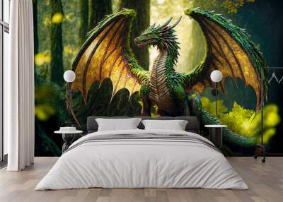 Forest dragon with wings sitting on stone in green woods. Postproducted generative AI digital illustration. Wall mural