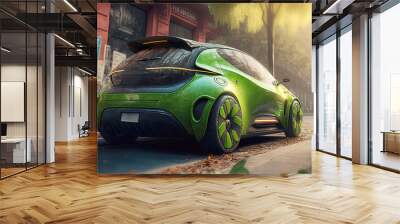 Green electric city car powered by green energy on city street at daylight. Postproducted generative AI digital illustration of non existing car model. Wall mural