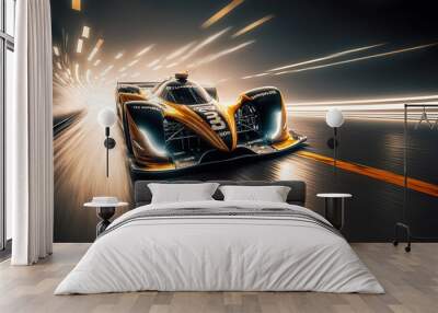 Racing car at high speed riding in illuminated road tunnel. Postproducted generative AI digital illustration. Wall mural