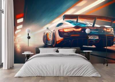 Sport racing car at high speed riding in illuminated road tunnel. Postproducted generative AI digital illustration. Wall mural