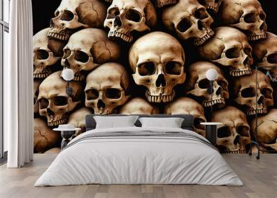 Stack of human skulls at darkness of charnel house. Postproducted generative AI illustration. Wall mural