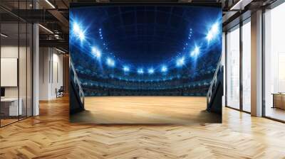 Stadium tunnel leading to playground. Players entrance to illuminated basketbal arena full of fans. Digital 3D illustration background for sport advertisement.  Wall mural