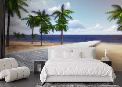 tropical palm beach with timber bridge and calm sea Wall mural