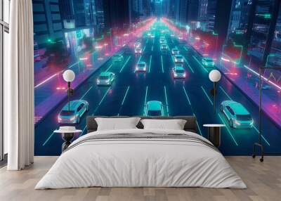 Upper view on the night street with cars organized by autonomous traffic system. Postproducted generative AI illustration. Wall mural