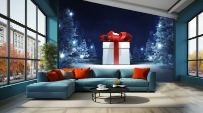 wrapped gift box in winter glittering magic woods Wall mural