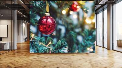 Decorated Christmas tree/ Green Christmas tree with red, yellow balls, luminous garlands with flashlights. Xmas ornament. New Year celebration. Closeup photo Wall mural