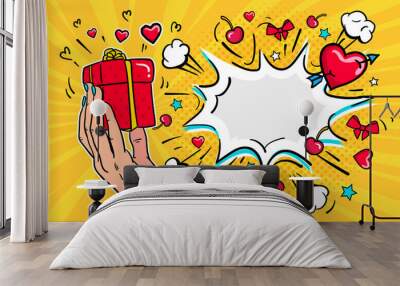 Happy Valentine's day sale poster concept, holiday explosive sale design. The girl is holding a gift. Pop art illustration Wall mural