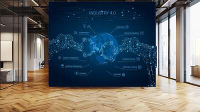 Robot vector hand. Polygonal wireframe mesh looks like constellation on dark blue with dots and stars. Industrial business factory robot machine welder. Wall mural