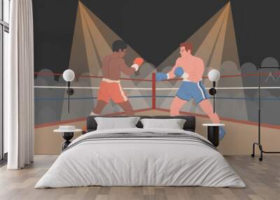 Boxers are fighting in boxing ring vector background. Black and white men fight Wall mural