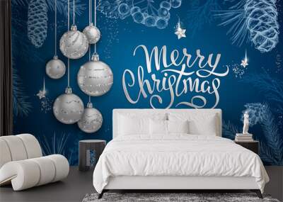 merry christmas and happy new year card with realistic silver balls, stars, sequins. sketch of diffe Wall mural