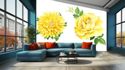 Set of beautiful realistic yellow flowers. Rose, Aster, of Rudbeckia Laciniata isolated on a white background. Template for floral design Wall mural