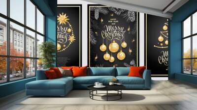 Set of three card Merry Christmas and Happy New Year. Christmas tree, golden glass balls, stars, sequins and elegant lettering on black background. Sketch of branches fir tree, cedar, pine and cones Wall mural