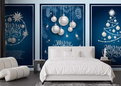 set of three card merry christmas and happy new year. christmas tree, silver glass balls, stars, seq Wall mural