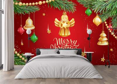 Vector banner for Merry Christmas and Happy New Year holidays. Christmas Angel holding star, realistic branches of fir tree, colored glass toys, sequins and gold garlands on red background Wall mural