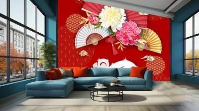 White metal Rat is a symbol of 2020 Chinese New year. Greeting card in Oriental style. Holiday illustration with Peonies flowers, chinese clouds and fans around zodiac sign rat on red background Wall mural