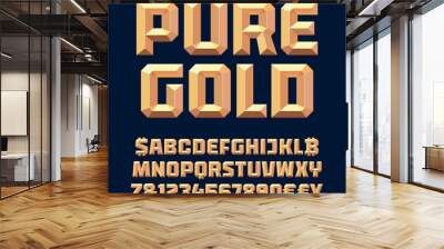 Golden metallic beveled font, alphabet,  numbers and currency symbols. Gold 3d effect. Vector illustration. Wall mural