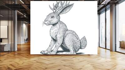 Jackalope, Jackrabbit or Wolpertinger hare with horns isolated on white background. Folklore magic animal engraving or etching style black and white hand drawn vector illustration Wall mural