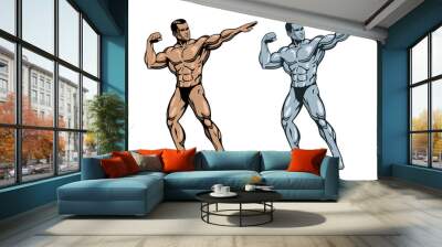 Musclar bodybuilder man posing and flexing his muscles. Vector illustration. Wall mural